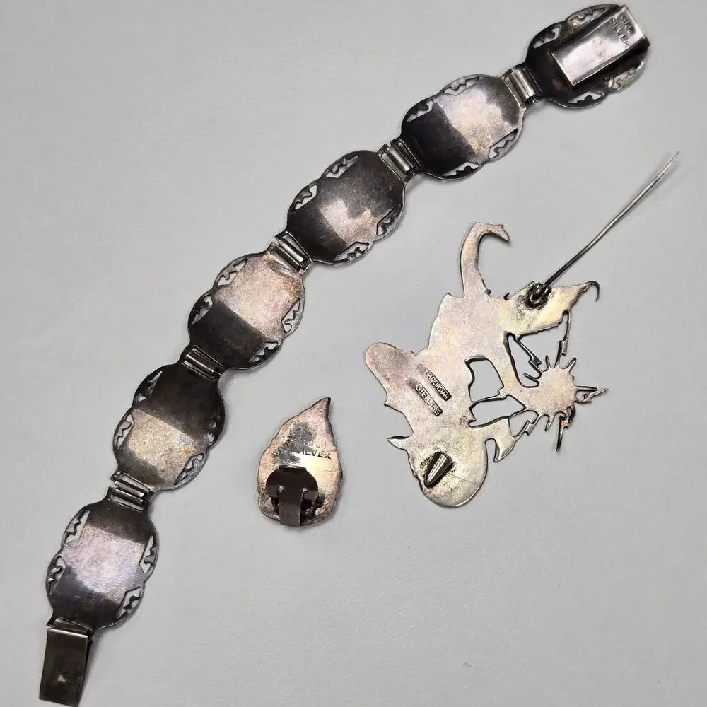 Vtg Siam Sterling Silver Niello Dancer Bracelet Brooch Single Earring Set 34.6g